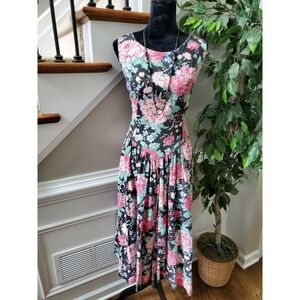 VTG Eber Women's Black Floral Cotton Round Neck Sleeveless Knee Length Dress 14